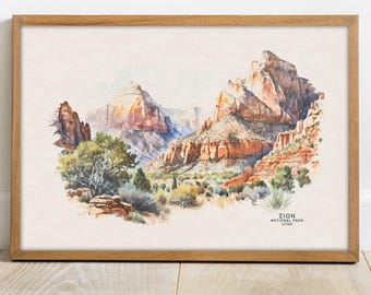 Zion National Park Watercolor Art Print, Utah Travel Poster