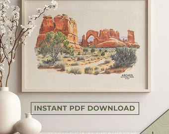 Akvarelltryck av Arches nationalpark, reseaffisch i Utah (digital nedladdning)