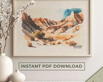 Badlands Nationalpark Aquarell Kunstdruck, South Dakota (Digitaler Download)