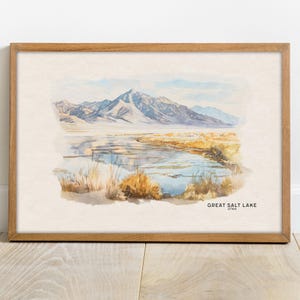 Arte de parede do Grande Lago Salgado, presente de inauguração emoldurado, conjunto de parede de galeria, pôster de parque nacional com pintura em aquarela, mapa do lago Utah