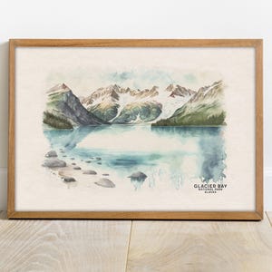 Cartaz do Parque Nacional Glacier Bay, arte emoldurada, conjunto de parede de galeria, pintura em aquarela, arte de viagem, decoração de berçário florestal, presente para observação de baleias