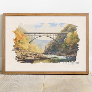 Cartel del Parque Nacional New River Gorge, Impresión del Parque Nacional de Virginia Occidental, Arte de la pared del cartel de viaje, Impresión de acuarela, Arte infantil, Regalo de boda