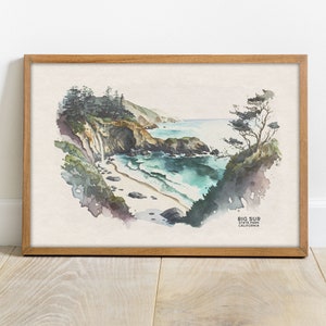 Big Sur Painting, Ocean Wall Art Travel Poster, California Print, Coastal Wall Art, Beach House Decor, California Watercolor, Surf Art