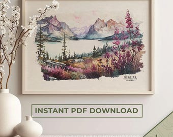 Glacier National Park Poster, Glacier Poster, Travel Poster, Montana Wall Art Print, Watercolor Print | PRINTABLE Digital Download