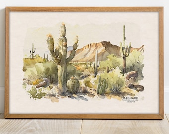Aquarelkunstdruk Saguaro National Park, cactuslandschap Arizona