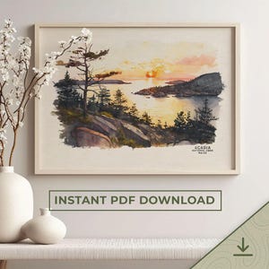 Acadia National Park Poster, Travel Poster, Maine Wall Art Decor, Watercolor Art Print, National Park Gift | PRINTABLE Instant Download