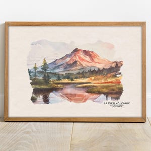 Arte de parede do parque nacional vulcânico de Lassen, conjunto de parede de galeria de aquarela, pôster de viagem vintage para berçário de floresta ou decoração de parede retrô