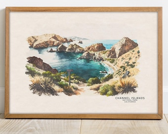 Impresión artística en acuarela del Parque Nacional de las Islas del Canal, póster de viaje a California