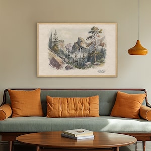 以下が含まれることがあります： カリフォルニア州ヨセミテ国立公園の水彩画。絵画は、崖の側面を流れ落ちる滝のある山脈を描いています。前景には木々があり、背景には青い空があります。