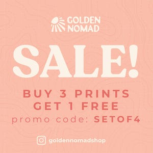 Golden Nomad Shop sale graphic for National Park wall art. Text reads Buy 3 Prints Get 1 Free with promo code SETOF4.