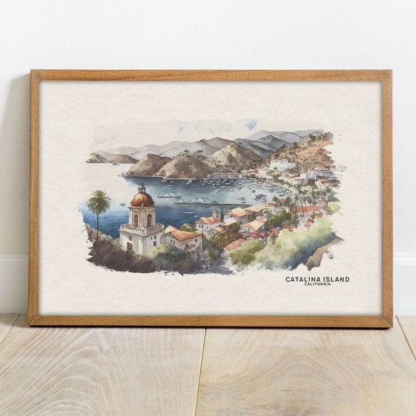 Cartel de viaje de la isla Catalina, cartel de California, impresión de acuarela de Catalina, decoración de la playa, impresión de California, arte de la pared del océano, regalos de viaje