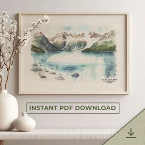 Arte emoldurada de pôster do Parque Nacional de Glacier Bay, conjunto de parede de galeria, arte de viagem de pintura em aquarela, decoração de berçário de floresta | DOWNLOAD INSTANTÂNEO