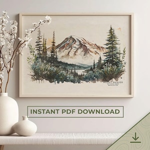 Mt Rainier Wall Art Print, National Park Poster, Mount Rainier Print Mountain Watercolor, Seattle Poster, Ski | PRINTABLE Digital Download
