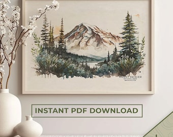 Mt Rainier Wall Art Print, National Park Poster, Mount Rainier Print Mountain Watercolor, Seattle Poster, Ski | PRINTABLE Digital Download