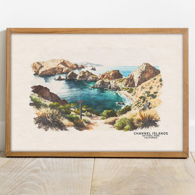 以下が含まれることがあります： カリフォルニア州チャネル諸島国立公園の風景を描いた水彩画。絵画は、ターコイズブルーの海と見晴らしの良い場所に続く土の道を備えた岩だらけの海岸線を表しています。絵画の下部には「CHANNEL ISLANDS NATIONAL PARK CALIFORNIA」というテキストが印刷されています。
