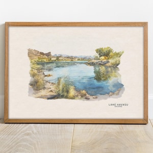 Impressão de arte em aquarela de Lake Havasu, perfeita para presente de inauguração, conjunto de parede de galeria de arte emoldurada, berçário de floresta e decoração de casa de lago, Arizona