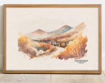 May include: Watercolor painting of the Shenandoah National Park in Virginia, framed in wood. The artwork depicts a winding road through a mountain landscape with autumn foliage in shades of orange, yellow, and brown. The text "SHENANDOAH NATIONAL PARK VIRGINIA" is visible.