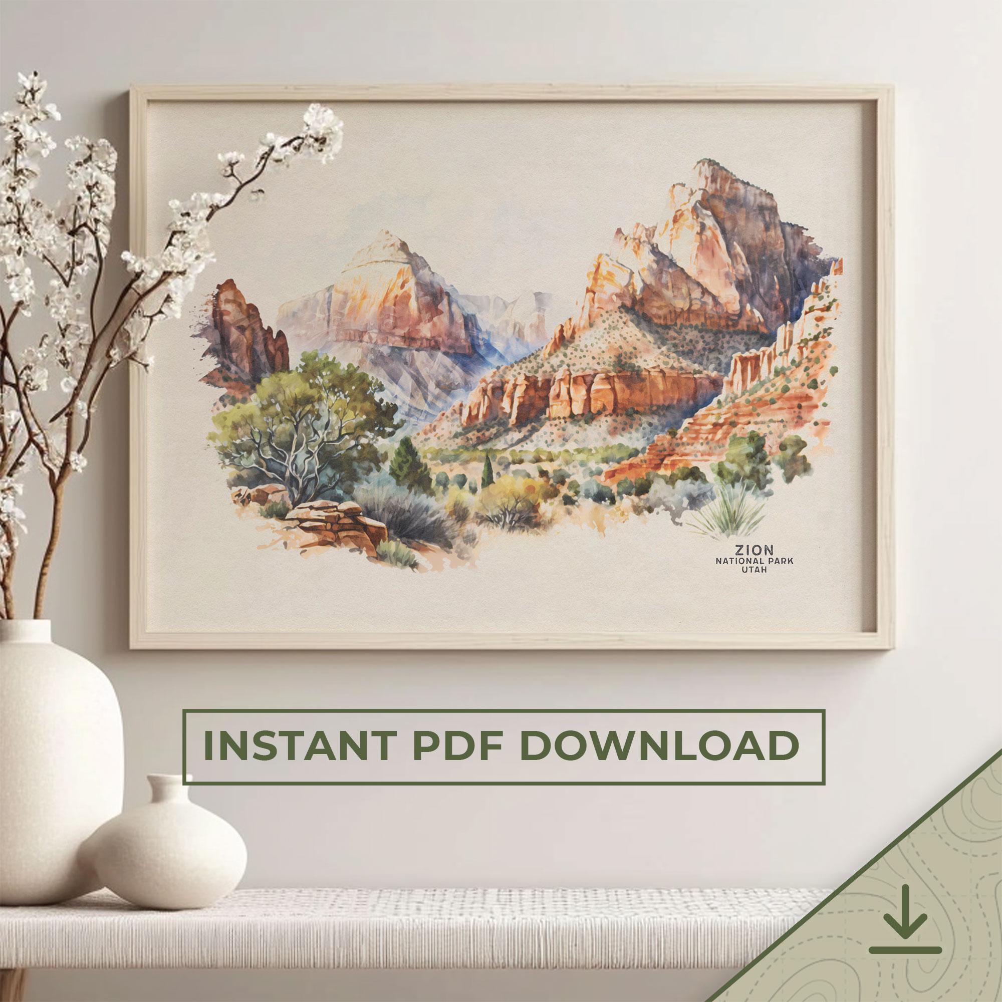 Zion National Park Poster, Zion Poster, Utah National Park Art Print, Travel Poster Wall Art, Watercolor Print | PRINTABLE Digital Download