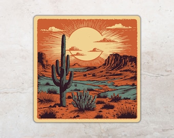 Desert Sticker, Cactus Sticker, Western Decor, Boho Art, Camping Gift, Bumper Sticker, Mesa Arizona Landscape
