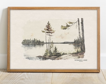 Sebago Lake Watercolor Print - Maine State Park, National Park Art, Boho Lake House Warming Gift for Him or Her Room Decor, Camping Theme