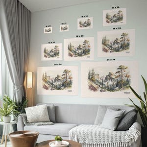 以下が含まれることがあります： 滝と山が描かれたヨセミテ国立公園の水彩画。絵画は、4x6インチから24x36インチまでのさまざまなサイズで入手できます。