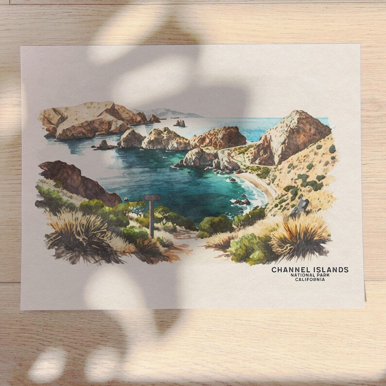 以下が含まれることがあります： カリフォルニア州チャネル諸島国立公園の風景を描いた水彩画。絵画は、ターコイズブルーの入り江と砂浜のある岩だらけの海岸線を表しています。絵画の下部には「CHANNEL ISLANDS NATIONAL PARK CALIFORNIA」というテキストがあります。