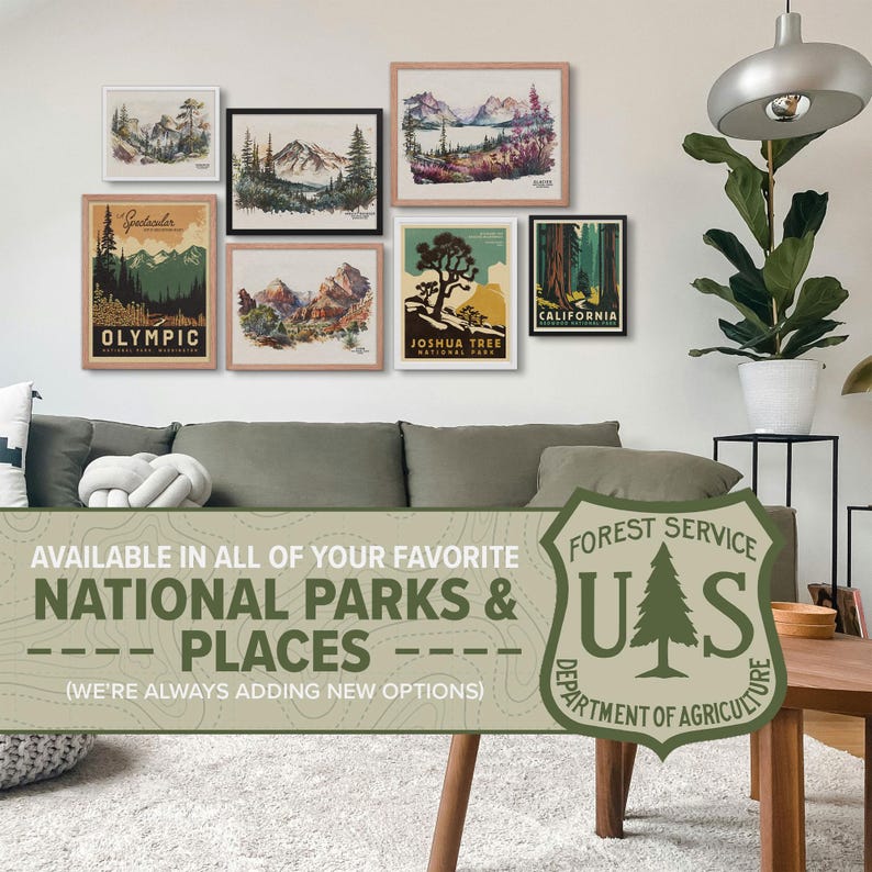 Living room gallery wall featuring a collection of vintage style US National Park posters, including Olympic, Joshua Tree, and Glacier. Perfect adventure gift decor.