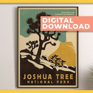 Joshua Tree Art, Nationalpark Poster, Retro Reiseposter, Joshua Tree Print, Wüstenwandkunst, California Post | DRUCKBARE Digital Download