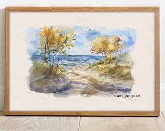 Lake Michigan Watercolor Art Print, Framed Lake House Decor