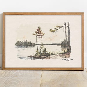 Sebago Lake Watercolor Print - Maine State Park, National Park Art, Boho Lake House Warming Gift for Him or Her Room Decor, Camping Theme
