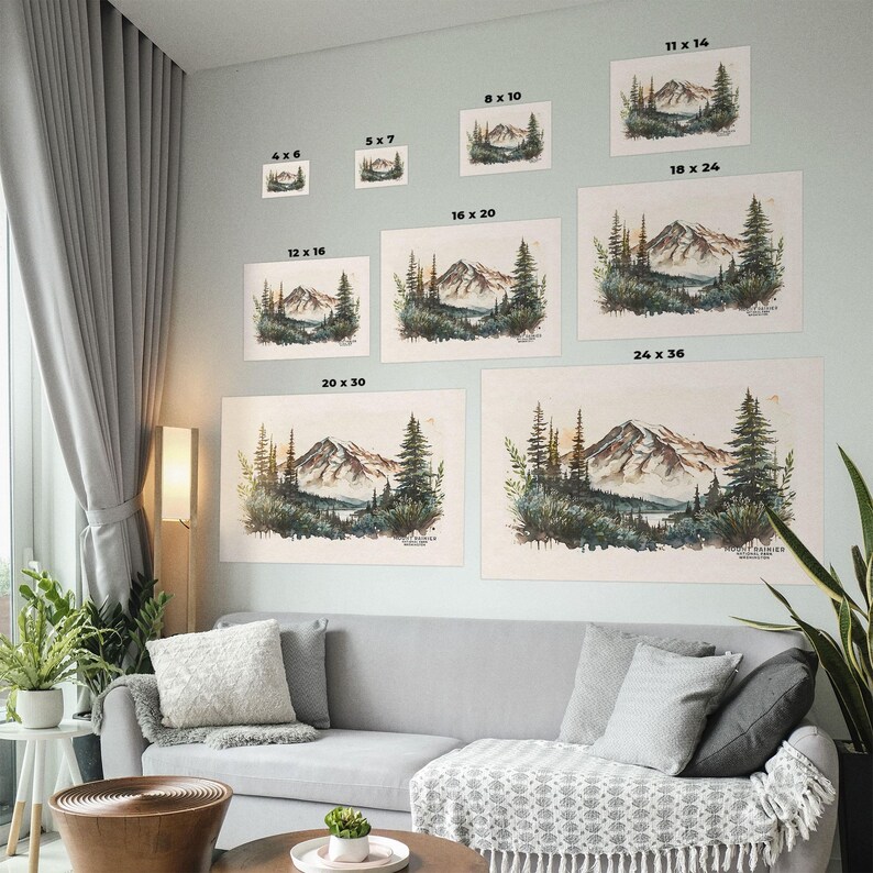 Visual size guide for unframed Mount Rainier poster prints, displaying dimensions from a small 4x6 to a large 24x36 arranged above a light grey living room sofa.