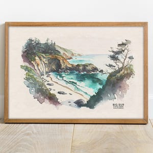 Big Sur Painting, Ocean Wall Art Travel Poster, California Print, Coastal Wall Art, Beach House Decor, California Watercolor, Surf Art