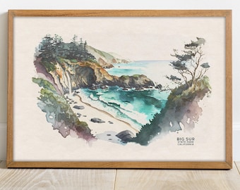 Big Sur Watercolor Painting, California Coastal Art Print