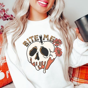 Bite me spooky ghost apple halloween retro floral shirt, Halloween funny quotes, Halloween spooky ghost melting face couple matching shirt