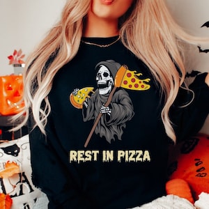 Rest in Pizza skeleton grim reaper halloween shirt, retro halloween skeleton eating pizza, halloween skeleton lover gift, pizza lover gift