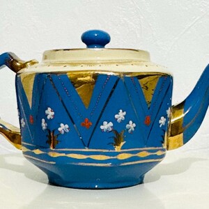 Antique Devon Pottery Teapot Blue and Gold Hand Painted Floral Vintage English Ceramic Teapot Collectible Tea Party Decor Made in England