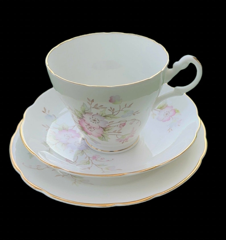 Vintage Montfort Staffordshire Bone China Tea Set. Biltons England. Set consist of 1x Tea Plate, 1x Cup, 1x Saucer. Delicate Romantic Motifs image 1