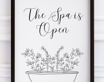 Stampa artistica da bagno "The Spa is Open" / Decorazione botanica minimalista (download digitale)