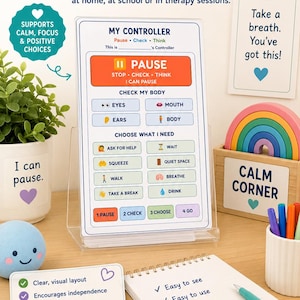 May include: A My Controller visual aid chart in a clear acrylic stand. The chart features sections for Pause, Check My Body, and Choose What I Need with icons and text. It includes steps labelled 1 Pause, 2 Check, 3 Choose, and 4 Go, designed to help children identify needs and regulate emotions.