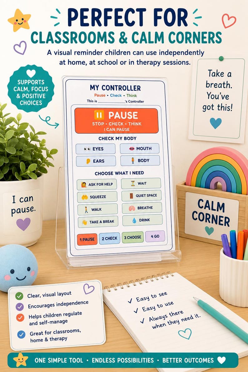 May include: A My Controller visual aid chart in a clear acrylic stand. The chart features sections for Pause, Check My Body, and Choose What I Need with icons and text. It includes steps labelled 1 Pause, 2 Check, 3 Choose, and 4 Go, designed to help children identify needs and regulate emotions.