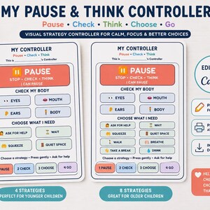 Puede incluir: Dos tablas rectangulares My Pause & Think Controller con secciones para Pause, Check My Body y Choose What I Need. Las tablas incluyen indicaciones de texto, iconos y botones de estrategia numerados en la parte inferior para la gestión emocional.