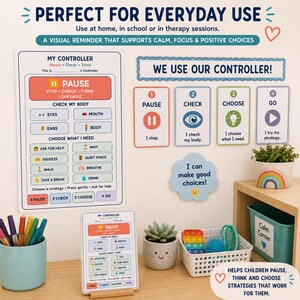 May include: A set of educational wall charts and cards titled My Controller and We Use Our Controller, featuring steps to pause, check, choose, and go. Includes a light blue pen holder, a small succulent in a face-patterned pot, and a white storage bin.