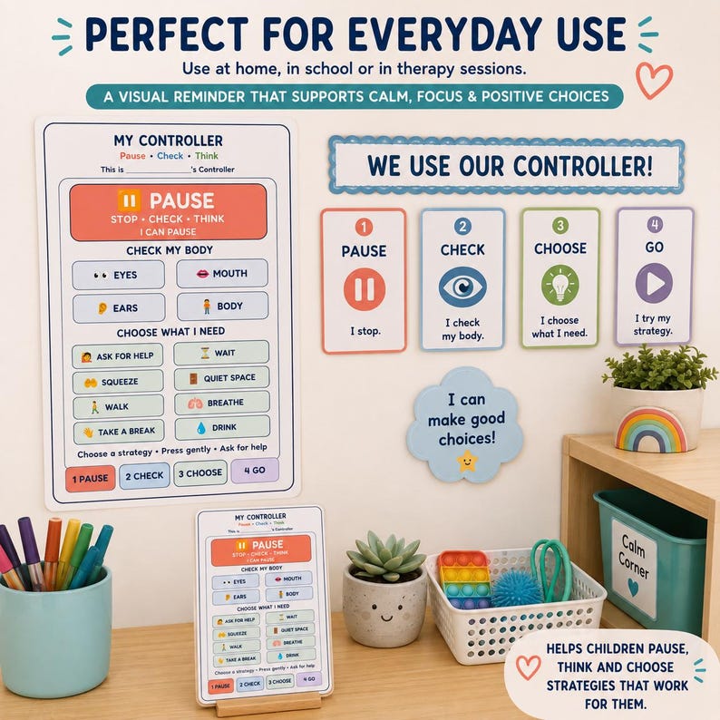 May include: A set of educational wall charts and cards titled My Controller and We Use Our Controller, featuring steps to pause, check, choose, and go. Includes a light blue pen holder, a small succulent in a face-patterned pot, and a white storage bin.