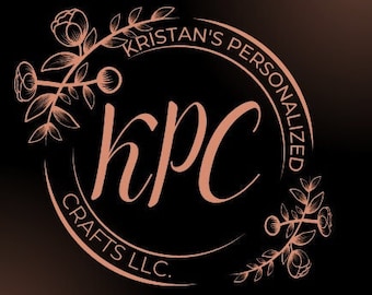 May include: A black and white logo with the text "Kristan's Personalized Crafts LLC." and the letters "kpc" in a stylized font. The logo is surrounded by a floral design.