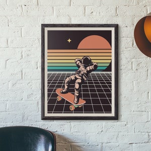 Retro Futuristic Astronaut Skateboard Poster