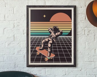 Retro Futuristic Astronaut Skateboard Poster