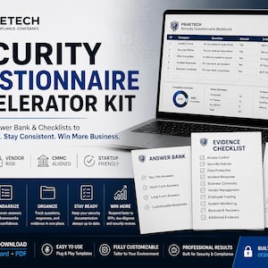 May include: A laptop displays a security questionnaire workbook, with three checklists and an answer bank. The text reads "Security Questionnaire Accelerator Kit" with templates and checklists to respond faster and win more business. The image is in shades of blue and white.