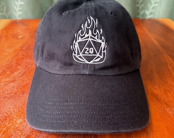 Flaming D20 Dad Hat | Embroidered DnD Hat, Tabletop Gamer Gift, RPG Baseball Cap