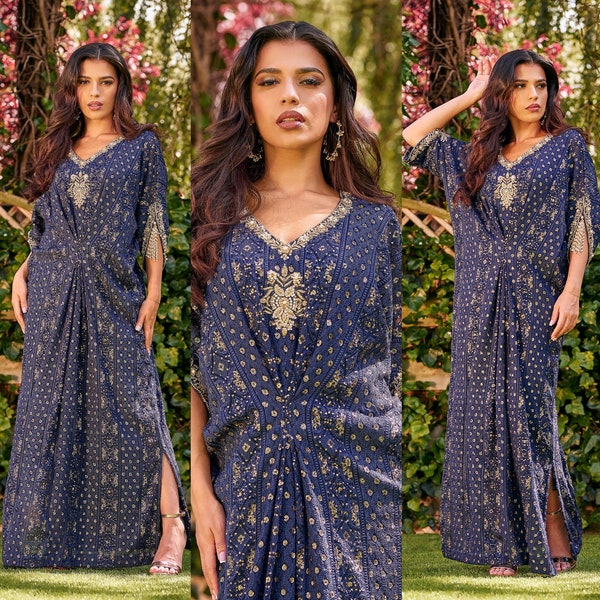 Midnight Blue Embellished Silver Sequence Maxi Kaftan Dress