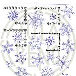 May include: A collection of 18 blue snowflake brush designs, including various shapes and sizes, with the text "Brushes 2024" at the top of the image.